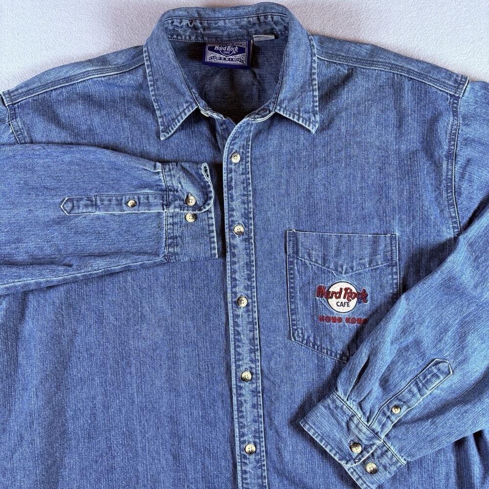 Vintage Hard Rock Cafe Hong Kong Denim Button Up Shirt Men's XL 90s